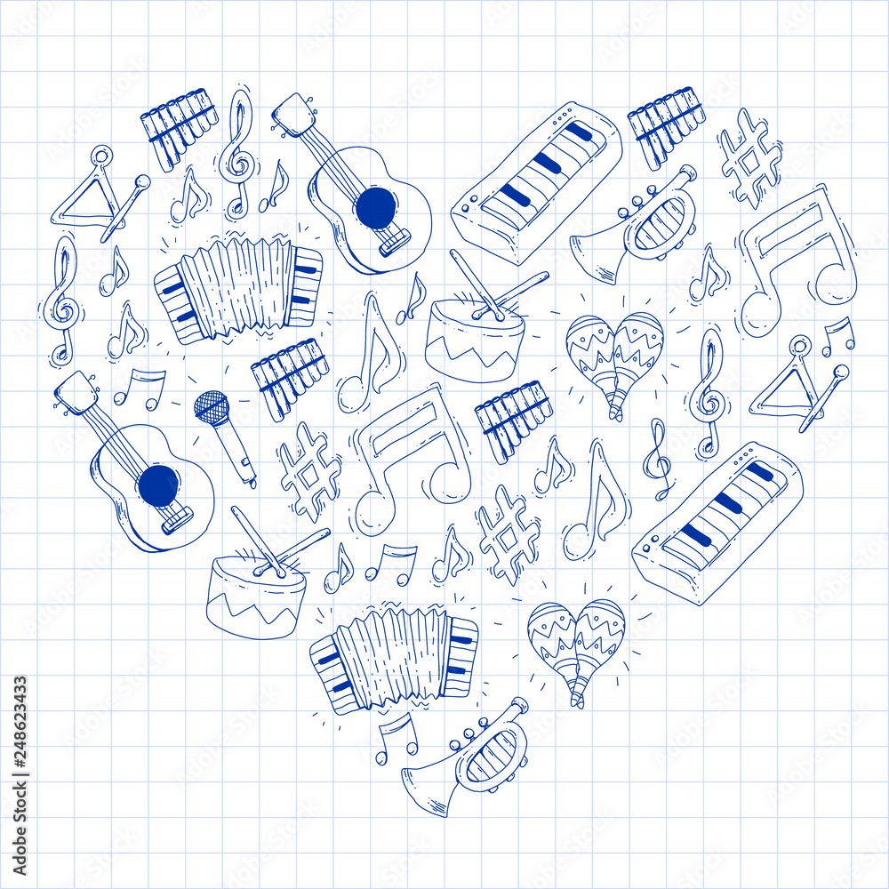 Music background for patterns. Vector illustration with musical instruments.