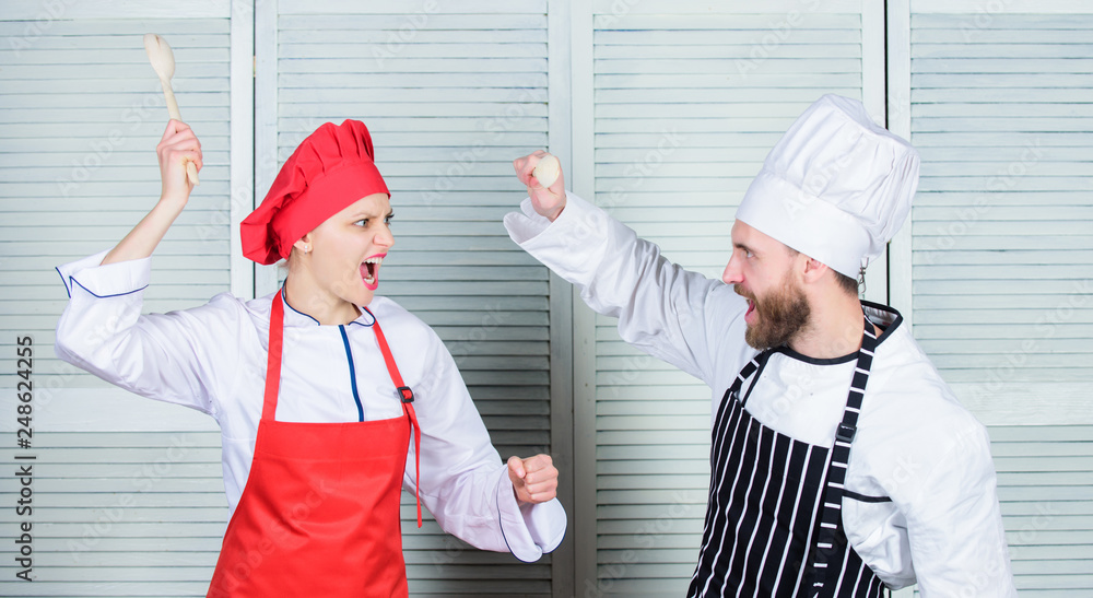 Who cook better. Culinary battle concept. Woman and bearded man ...