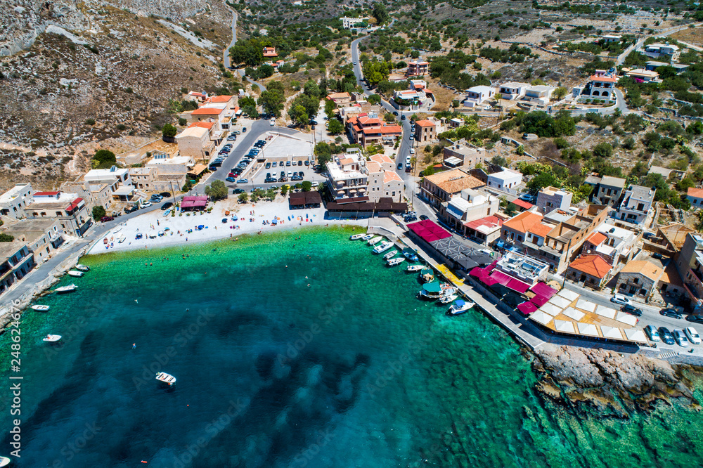 aerial view of Gerolimenas in Laconia, is one of the most picturesque settlements of Mani with a small natural harbor.   Peloponnese, Greece