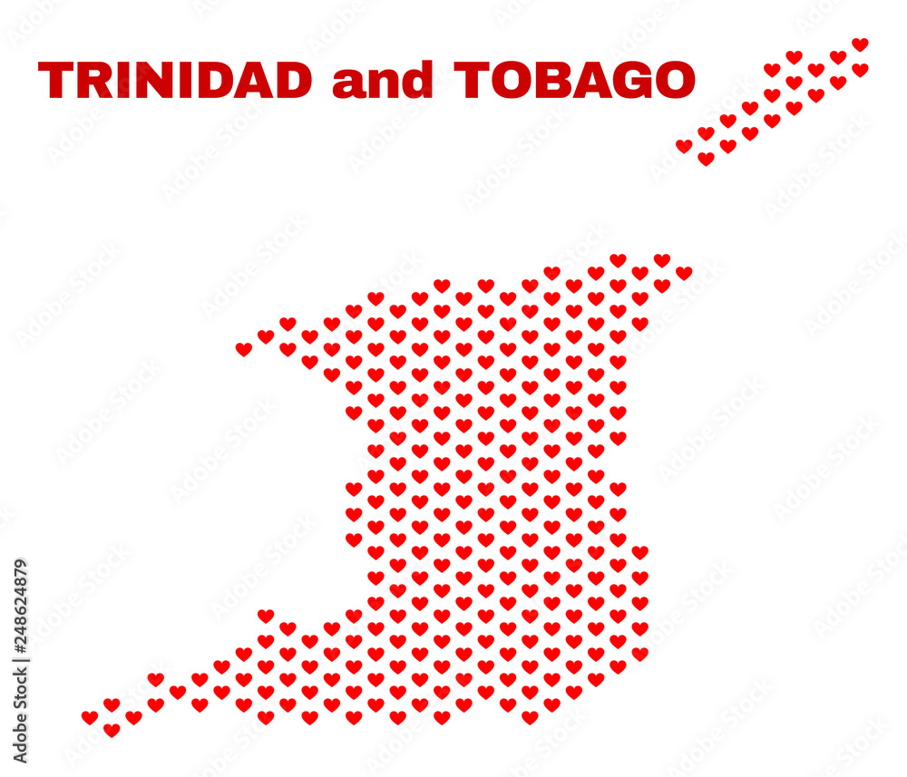 Mosaic Trinidad and Tobago map of love hearts in red color isolated on a white background. Regular red heart pattern in shape of Trinidad and Tobago map. Abstract design for Valentine illustrations.