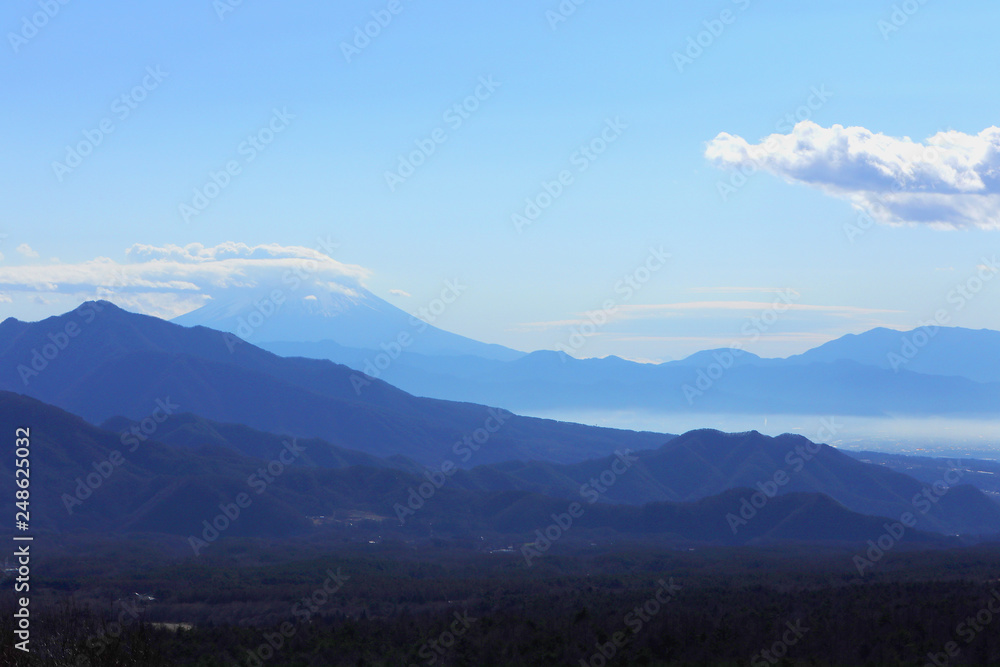 冬山風景、美しの森、高原、冬景色、山脈、富士山