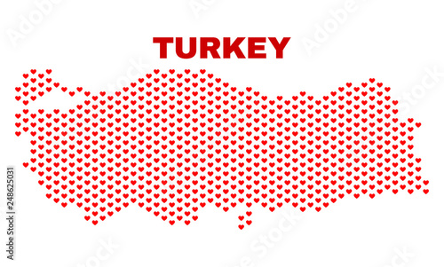 Mosaic Turkey map of valentine hearts in red color isolated on a white background. Regular red heart pattern in shape of Turkey map. Abstract design for Valentine illustrations.