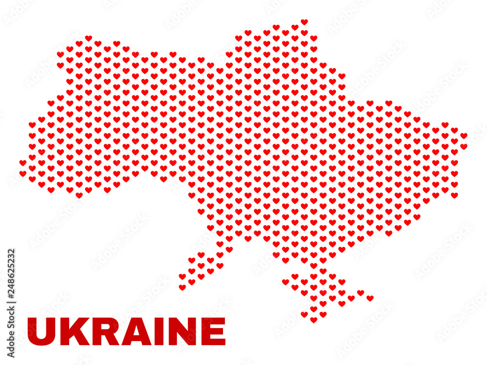 Mosaic Ukraine map of love hearts in red color isolated on a white background. Regular red heart pattern in shape of Ukraine map. Abstract design for Valentine illustrations.