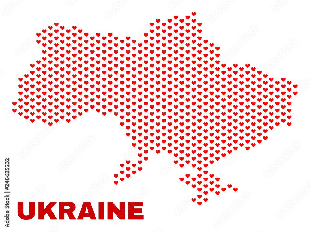 Obraz premium Mosaic Ukraine map of love hearts in red color isolated on a white background. Regular red heart pattern in shape of Ukraine map. Abstract design for Valentine illustrations.