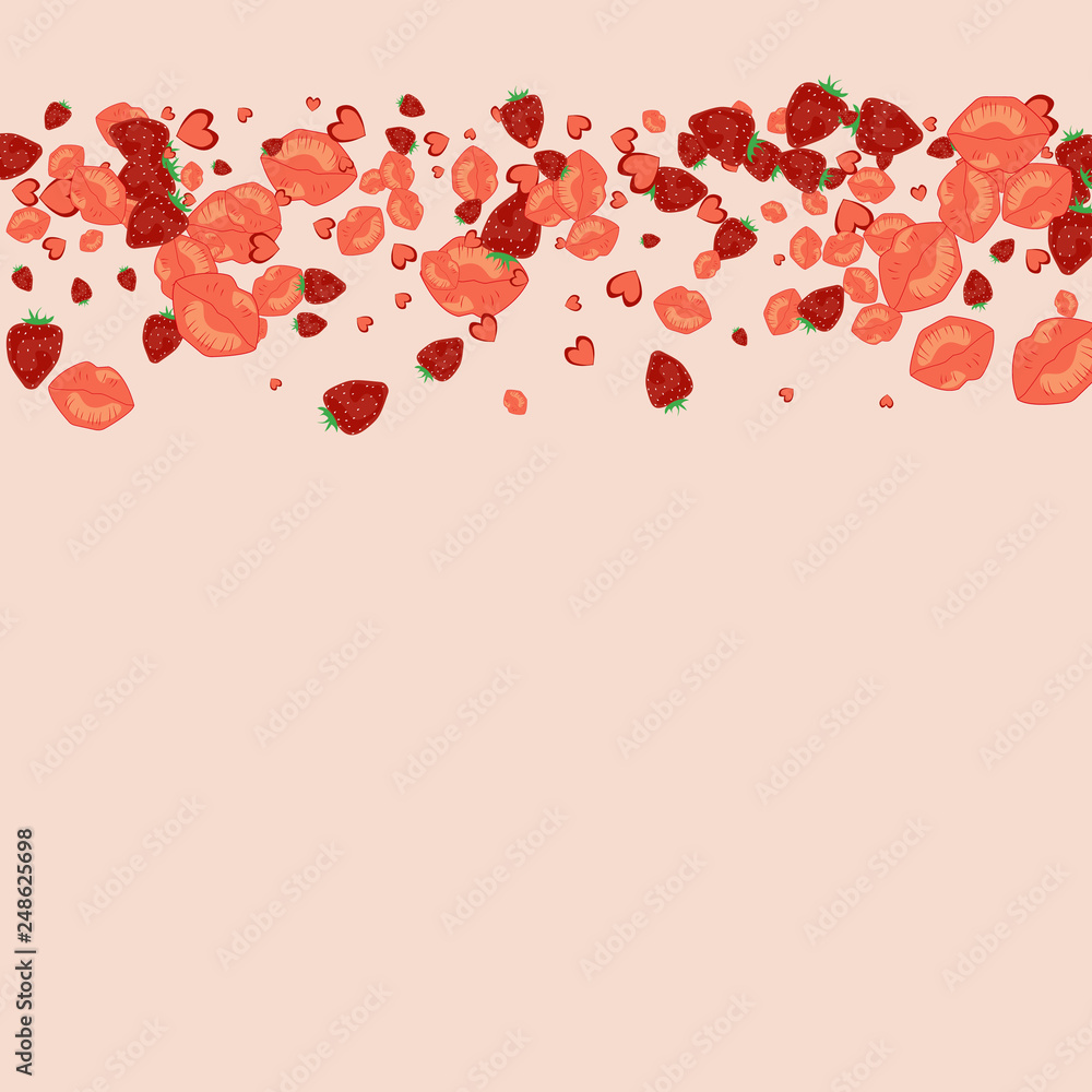 Strawberries, lips and hearts on a pink background. Romantic background with a kiss and a heart. Confetti of lips on Valentine's Day. Card for the day of lovers. Strawberries, lips and hearts on a pink background. Romantic background with a kiss and a heart. Confetti of lips on Valentine's Day. Card for the day of lovers.