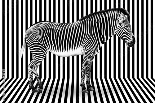Surreal zebra on black and white striped background