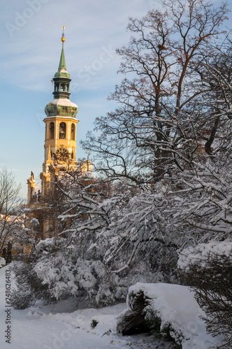 Photography Prague Loreta Belltower in wintertime