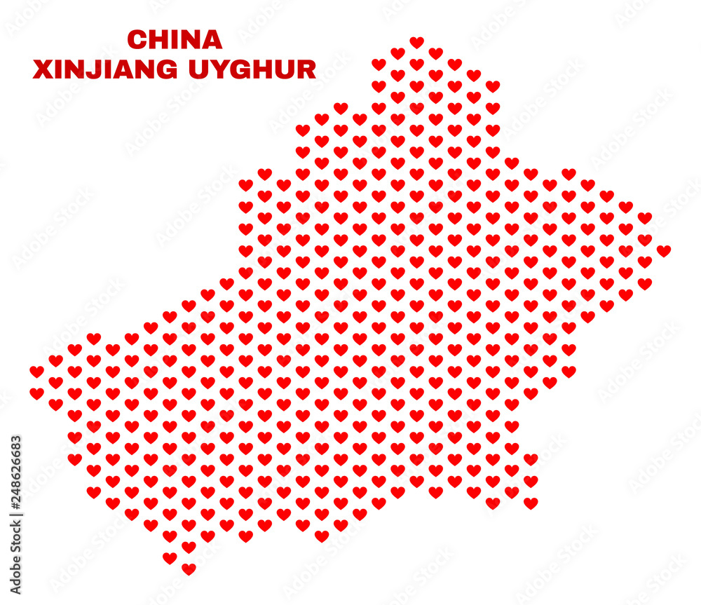 Mosaic Xinjiang Uyghur Region map of valentine hearts in red color isolated on a white background. Regular red heart pattern in shape of Xinjiang Uyghur Region map.
