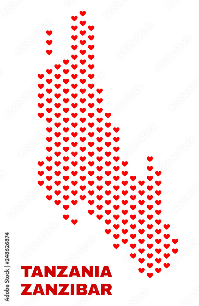 Mosaic Zanzibar Island map of heart hearts in red color isolated on a white background. Regular red heart pattern in shape of Zanzibar Island map. Abstract design for Valentine decoration.