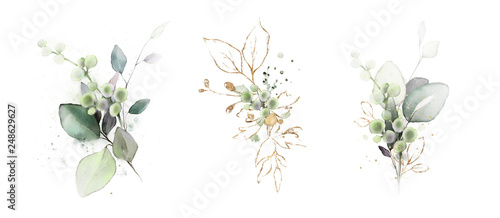  watercolor arrangements with leaves, herbs.  herbal illustration. Botanic composition for wedding, greeting card. © lisima