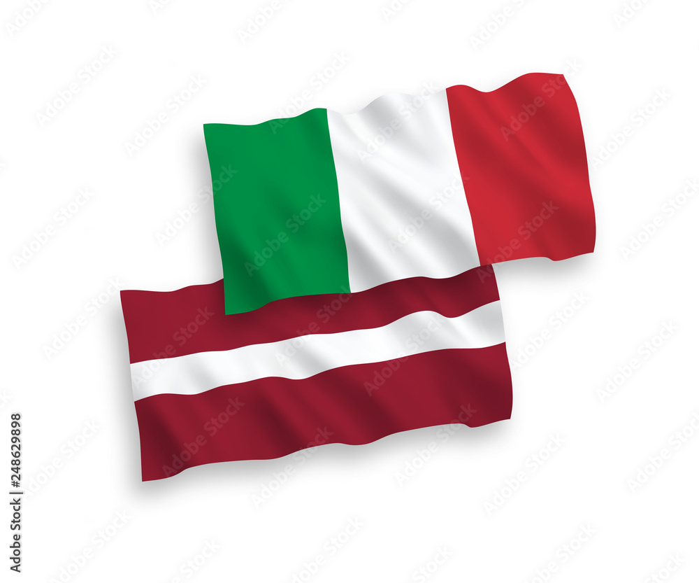National vector fabric wave flags of Italy and Latvia isolated on white background. 1 to 2 proportion. National vector fabric wave flags of Italy and Latvia isolated on white background. 1 to 2 proportion.