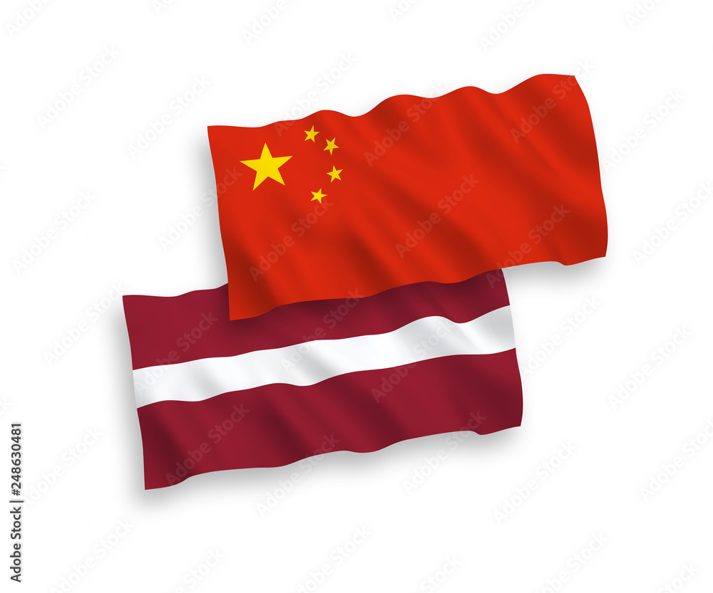 National vector fabric wave flags of Latvia and China isolated on white background 1 to 2 proportion. National vector fabric wave flags of Latvia and China isolated on white background 1 to 2 proportion.