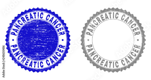 Grunge PANCREATIC CANCER stamp seals isolated on a white background. Rosette seals with grunge texture in blue and gray colors.