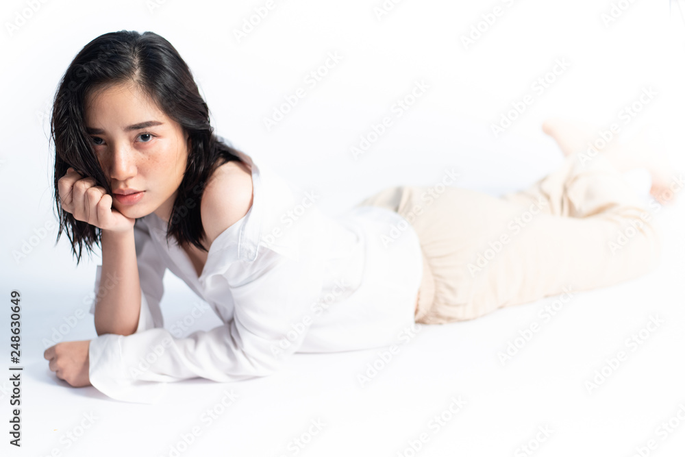 Portrait young Asian girl on white background. Portrait young Asian girl on white background.