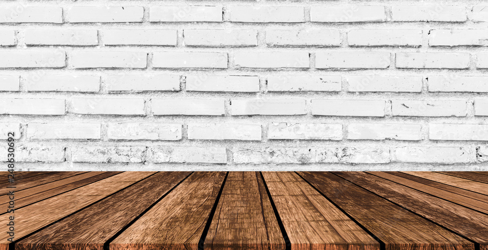close up white brick cement background with modern wood perspective for design, show and ads on product on display