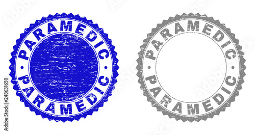 Grunge PARAMEDIC stamp seals isolated on a white background. Rosette seals with grunge texture in blue and gray colors. Vector rubber overlay of PARAMEDIC label inside round rosette.
