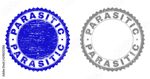 Grunge PARASITIC stamp seals isolated on a white background. Rosette seals with grunge texture in blue and grey colors. Vector rubber overlay of PARASITIC text inside round rosette.