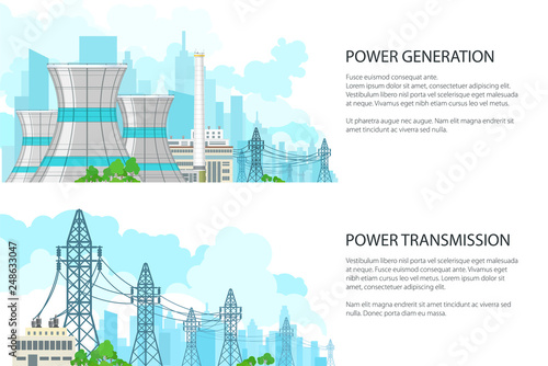 Set of White Banners with Electric Transmission, Nuclear Plant or Thermal Station, Power Station and High Voltage Power Lines Supplies Electricity to City, Vector Illustration