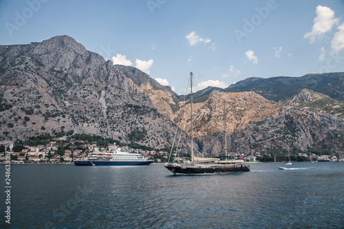 Ships off the coast of the city of Kotor in Montenegro.