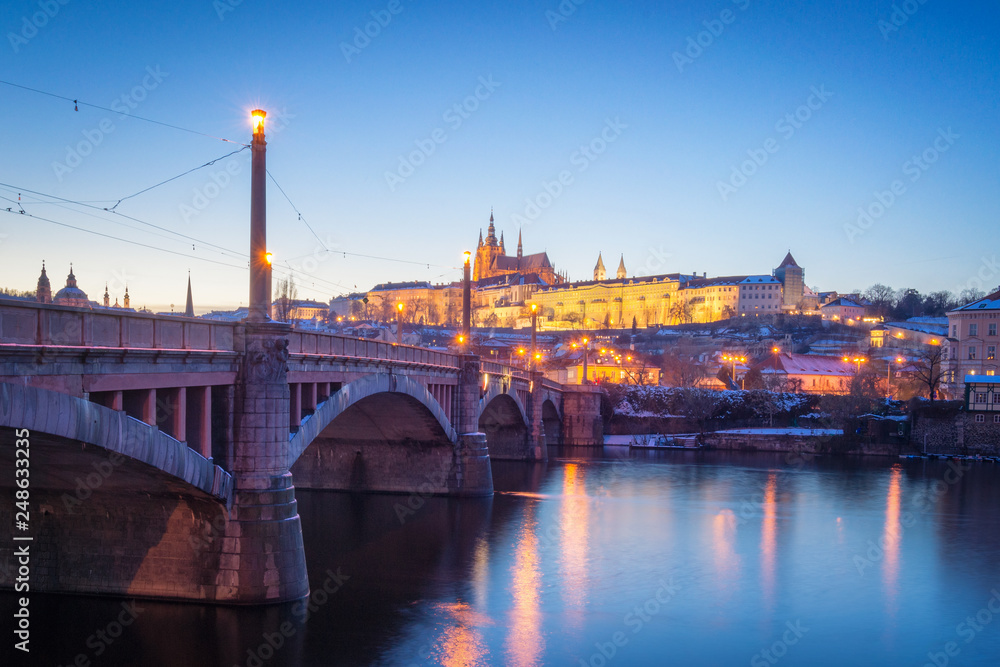 Prague Castle Hill and old town at night