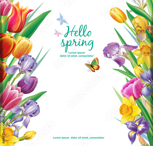 Template for cards from arrangement with multicolor tulips flowers