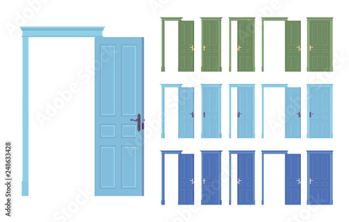 Doors flush classic set, wooden front entrance to building, room. Home, office design concept. Vector flat style cartoon illustration isolated on white background, different views, open and closed