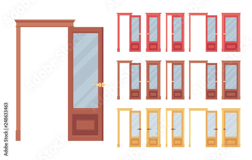 Doors classic set, wooden with glass, entrance to a building, room. Home, office design concept. Vector flat style cartoon illustration isolated on white background, different views, open and closed