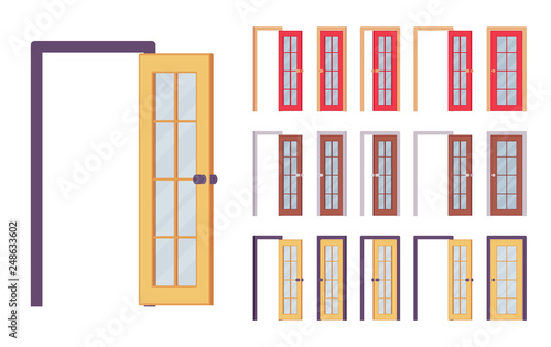 Doors modern set, entrance to building, room. Contemporary house entry. Home, office design concept. Vector flat style cartoon illustration isolated on white background, different views, open, closed