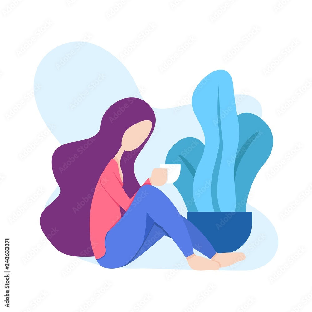 illustration of a woman sitting relaxed drinking a glass of coffee or tea in front of a tree. can for modern webpages and additional illustrations in other images. file size is 500kb. illustration of a woman sitting relaxed drinking a glass of coffee or tea in front of a tree. can for modern webpages and additional illustrations in other images. file size is 500kb.