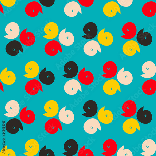 Bright seamless pattern with groups of colorful geometric elements.