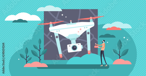Drones vector illustration. Flat tiny RC fly gadget control person concept.