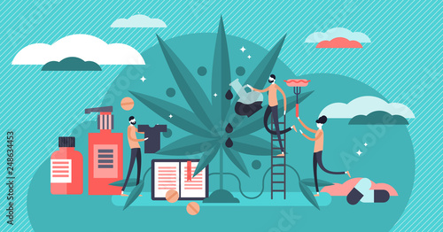 Cannabis vector illustration. Flat tiny persons medical herb collection set.