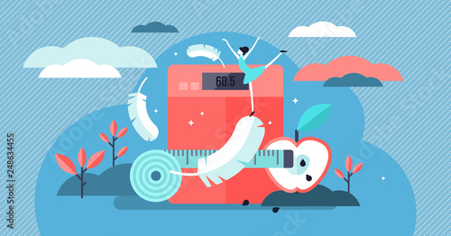 Weight loss vector illustration. Flat tiny slim fit body persons concept.