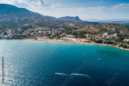 Top view of Tolo beach or "Psili Ammos" is from the most popular tourist resorts of Argolida in Peloponnese, Greece