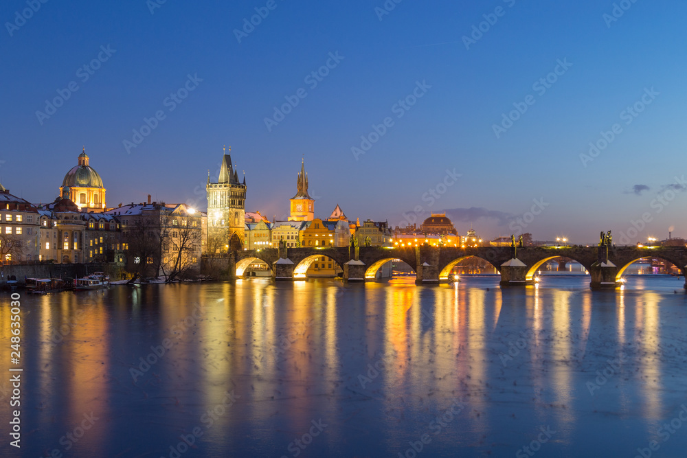 Prague at Night, illuminated Charles Bridge