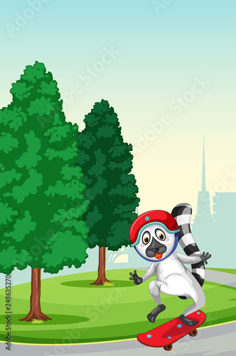 A lemur playing skateboard at park