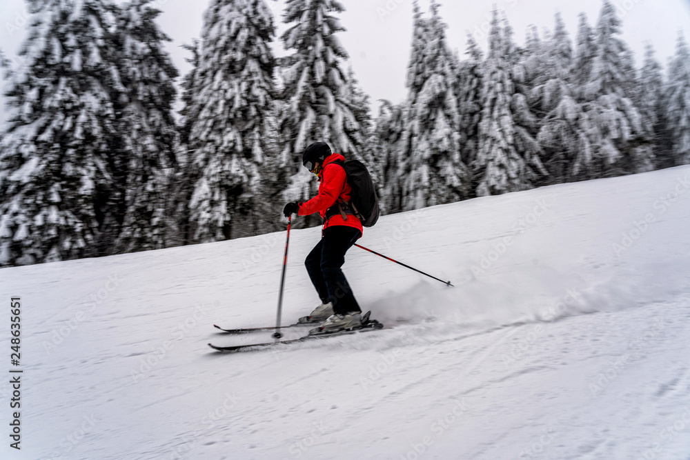 Female skier dressed in red jacket on ski slope. Female skier dressed in red jacket on ski slope.