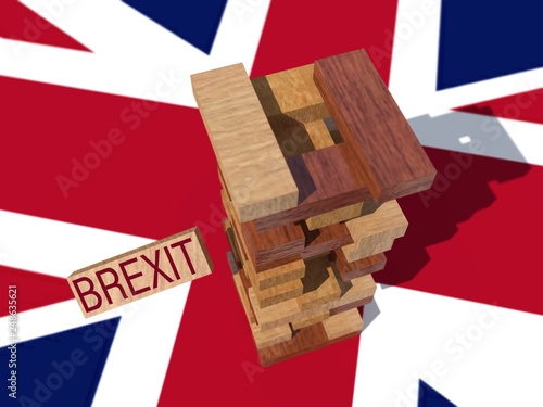 3D illustration. Jenga Wooden toy brexit unstable 