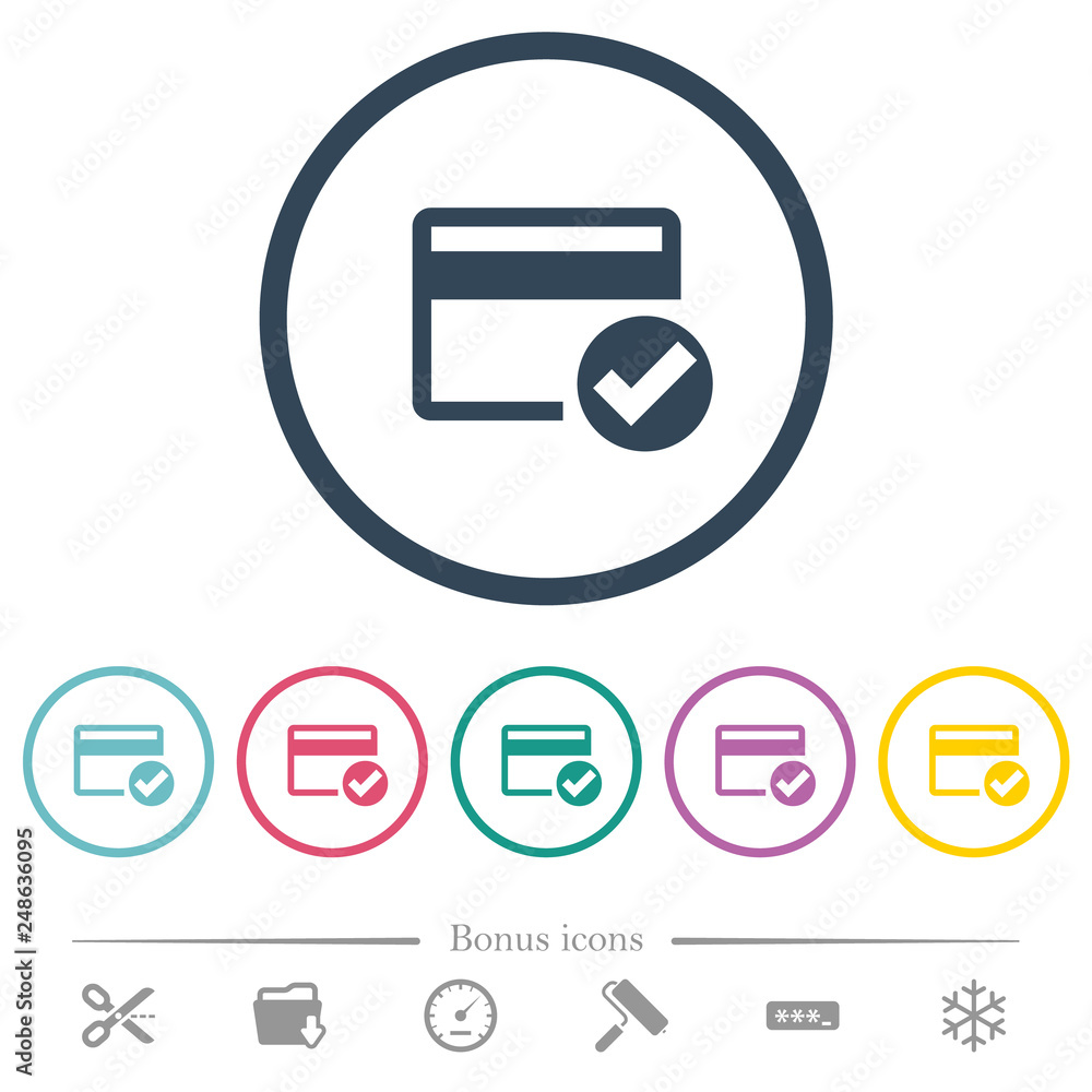 Credit card verified flat color icons in round outlines Credit card verified flat color icons in round outlines