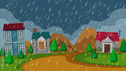 Simple rural house rainy night