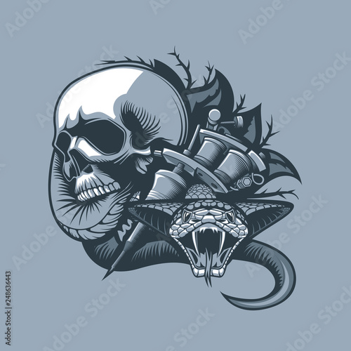 The scene, from the Skull comes a dangerous Viper, ready to bite and Tattoo Machine. Monochrome tattoo style.