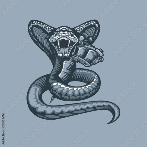 Viper enveloping Tattoo machine. Monochrome tattoo style.
