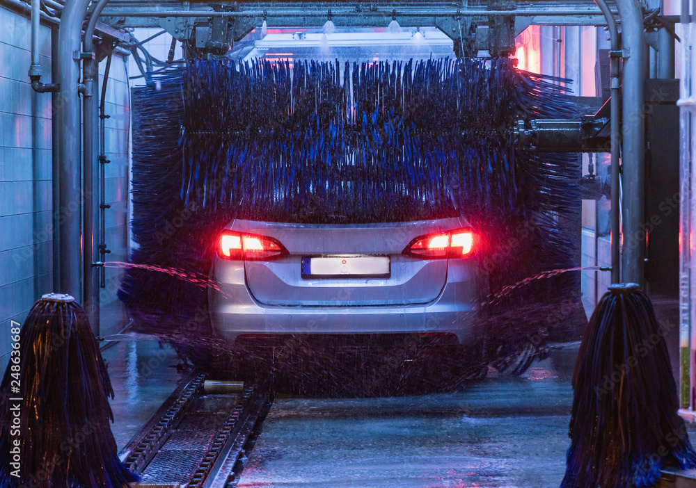 detail view on car wash, car wash foam water, Automatic car wash in action