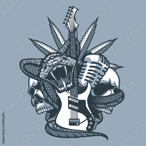 Viper enveloping the Guitar, Microphone against the background of Skulls and Marijuana leaf. Monochrome tattoo style.