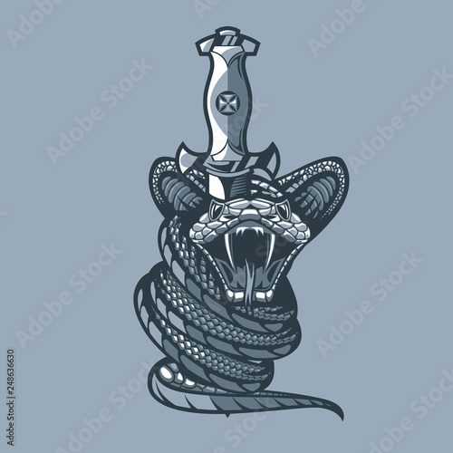 Snakes around a military dirk. Symbol of the troops. Monochrome tattoo style.