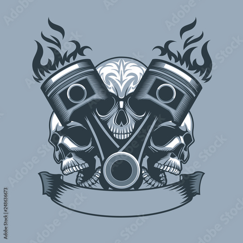 Two burning pistons on three skulls background. Monochrome tattoo style.