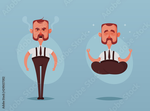 Funny Office Worker: Angry and Peaceful. Cartoon Style. Vector Illustration
