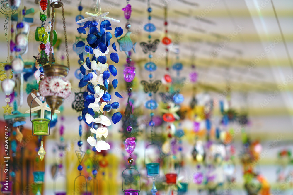 Beautiful color effects in souvenir shops in Mykonos in the Cyclades