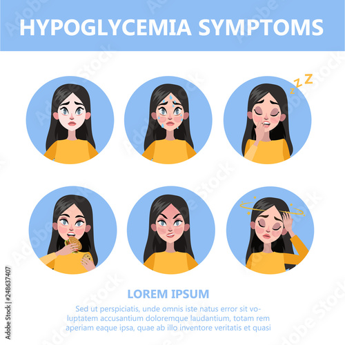 Hypoglycemia symptoms infographic. Low glucose level in blood