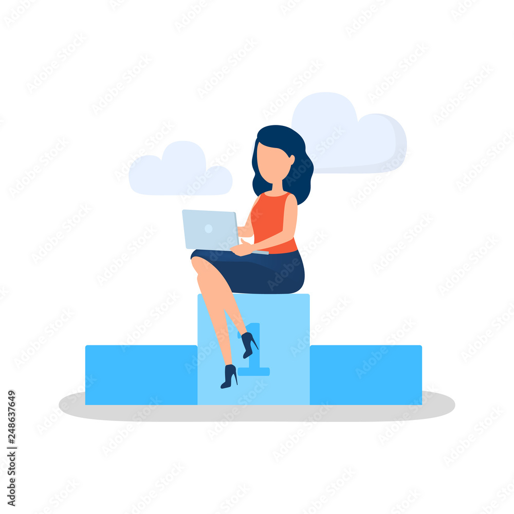 Woman sitting on the pedestal and working Woman sitting on the pedestal and working